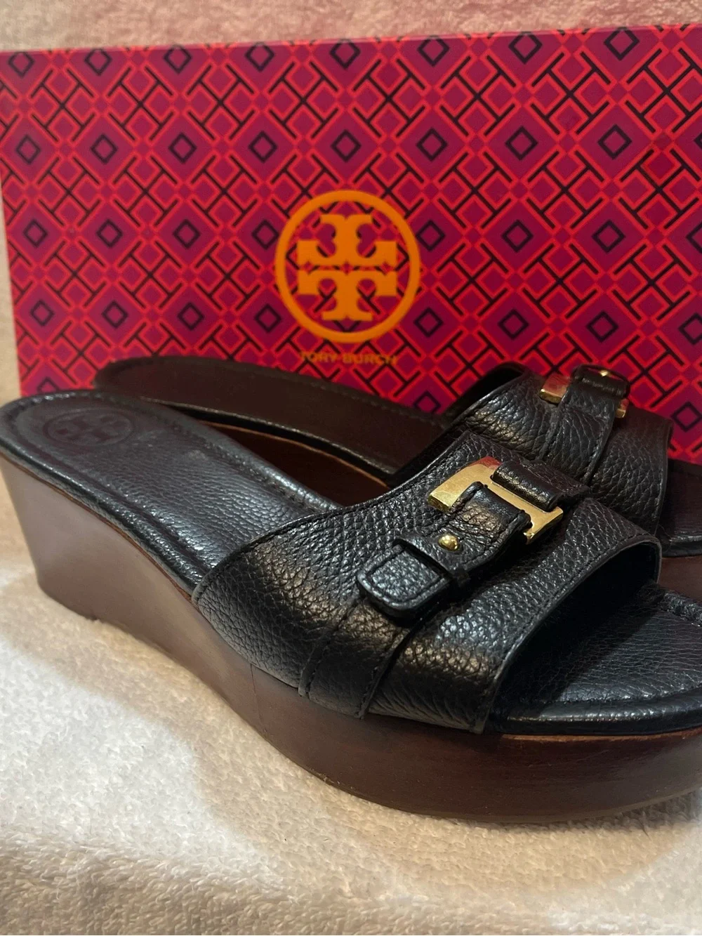 Tory Burch Elina Black Leather Slide Sandals - Size 9